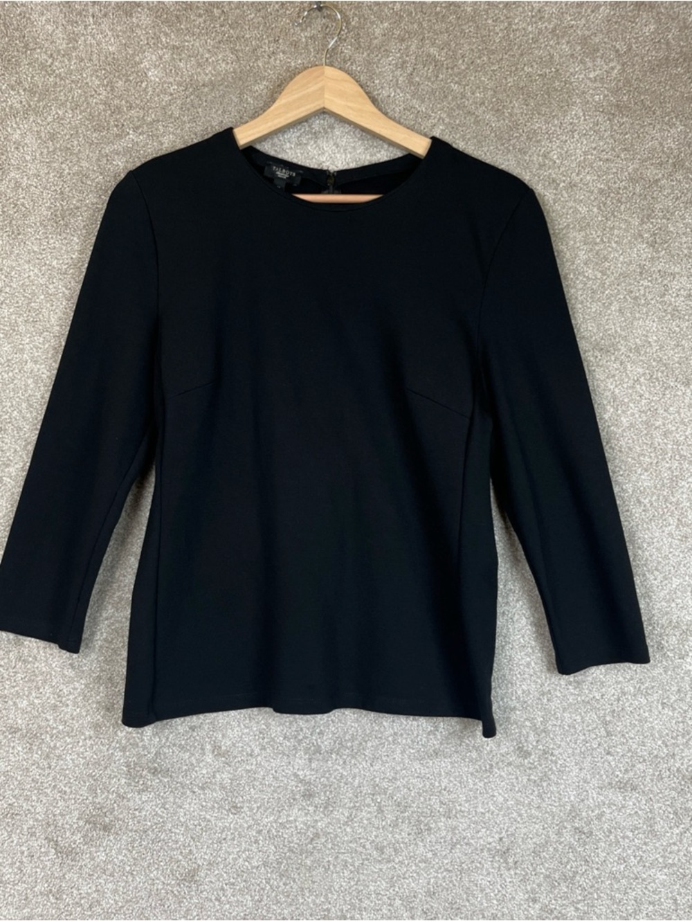 Talbots Shirt Womens Medium Petite Black Round Neck 3/4 Sleeve Back Zip-4666